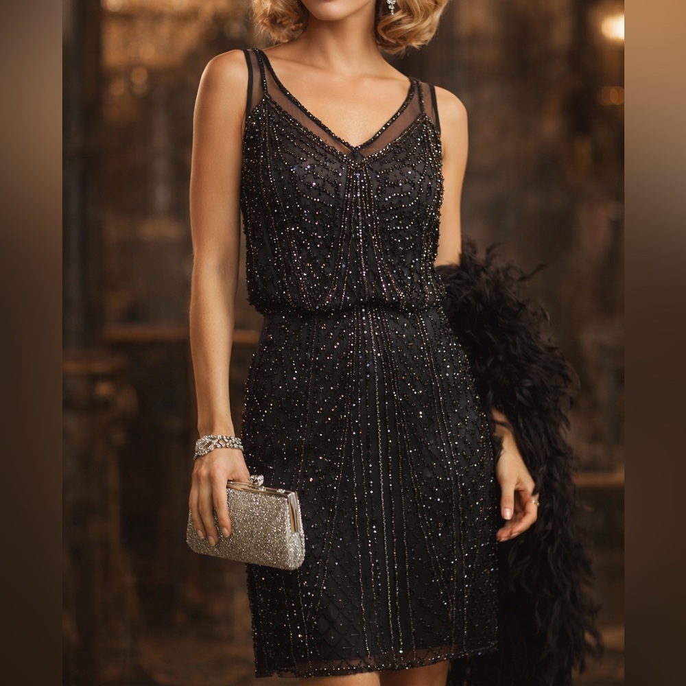 Adrianna Papell Black Beaded Cocktail Dress Art Deco Gatsby Style Size 10